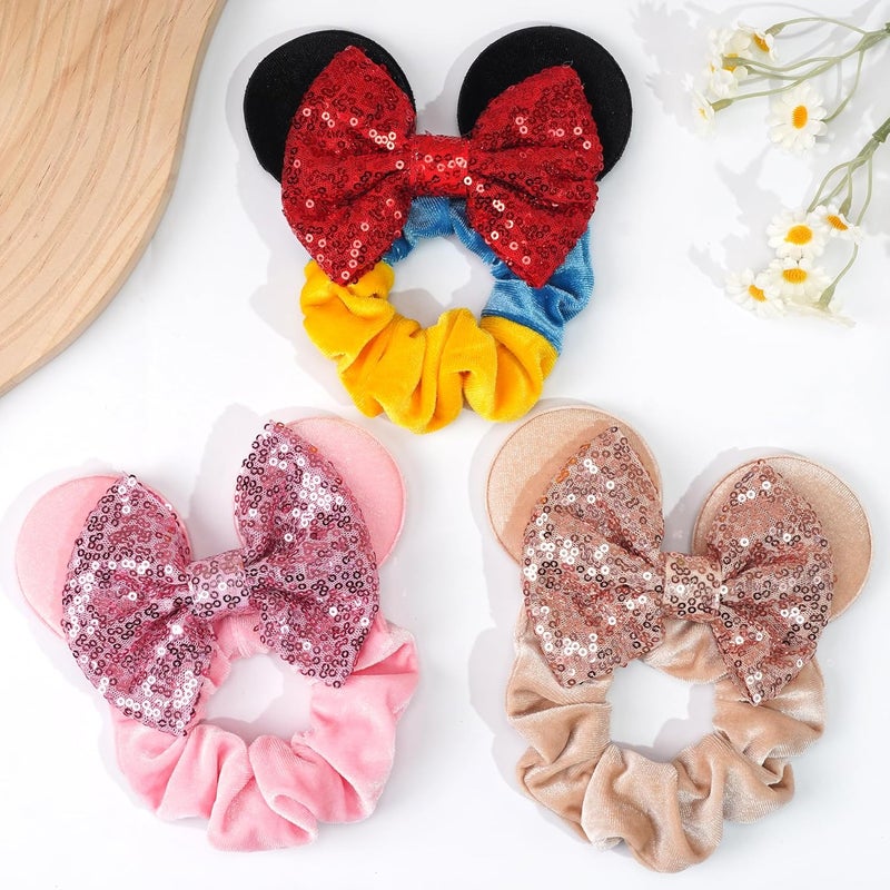 CellElection 6 Pack Mouse Ears Scrunchies Velvet Sparkle Sequin Mouse Bows Hair Scrunchies Hair Ties Elastic Rubber Bands Ponytail Holders for Kids Women Girls Christmas Party Decoration - Image 3